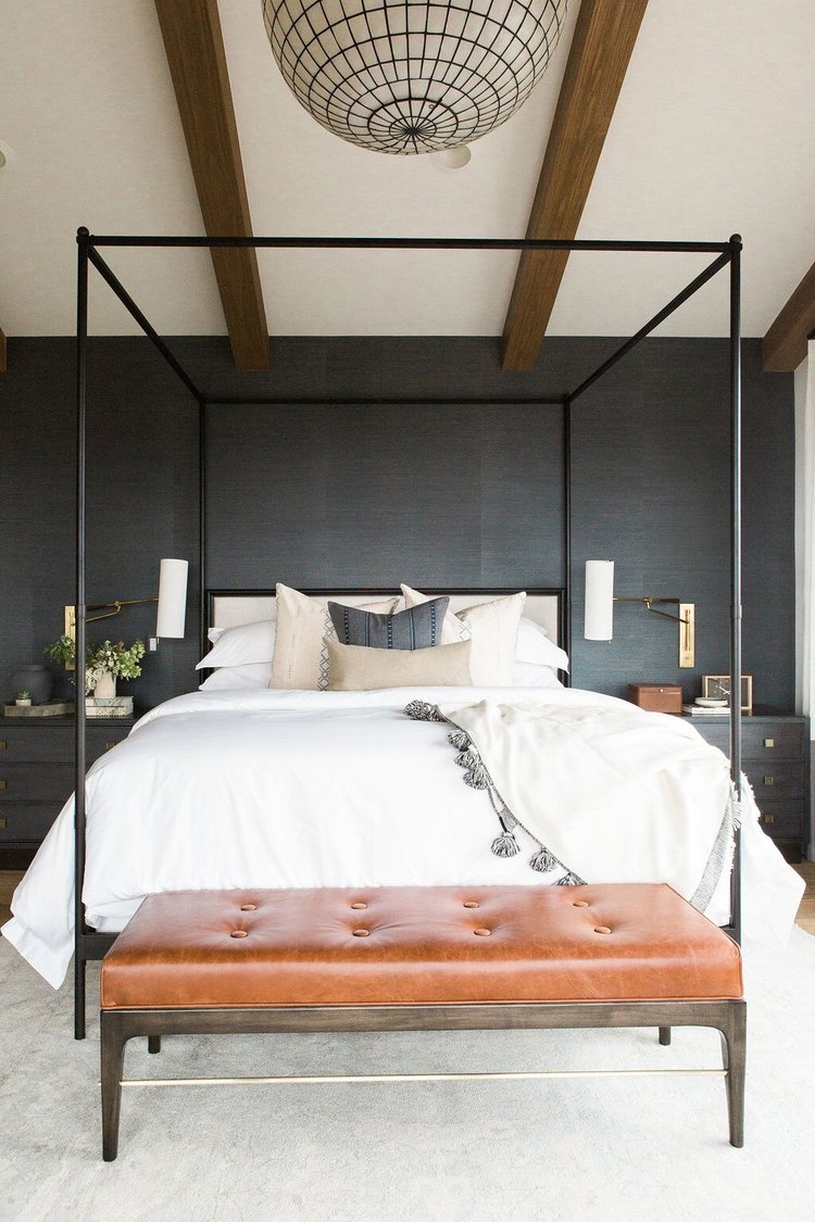 Master+bedroom+in+blue+grasscloth+wallpaper,+statement+chandelier,+and+leather+bench.jpg