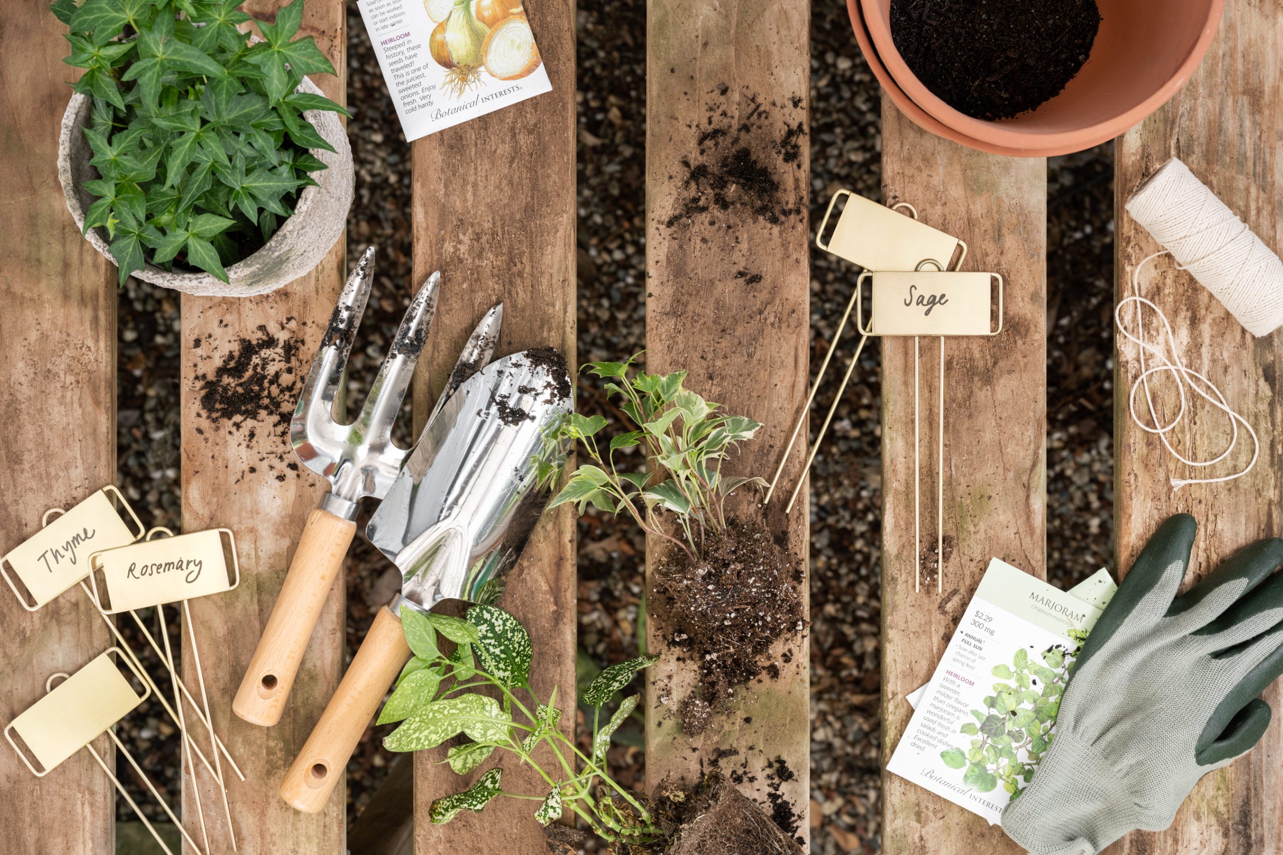 gardening supplies on wooden table