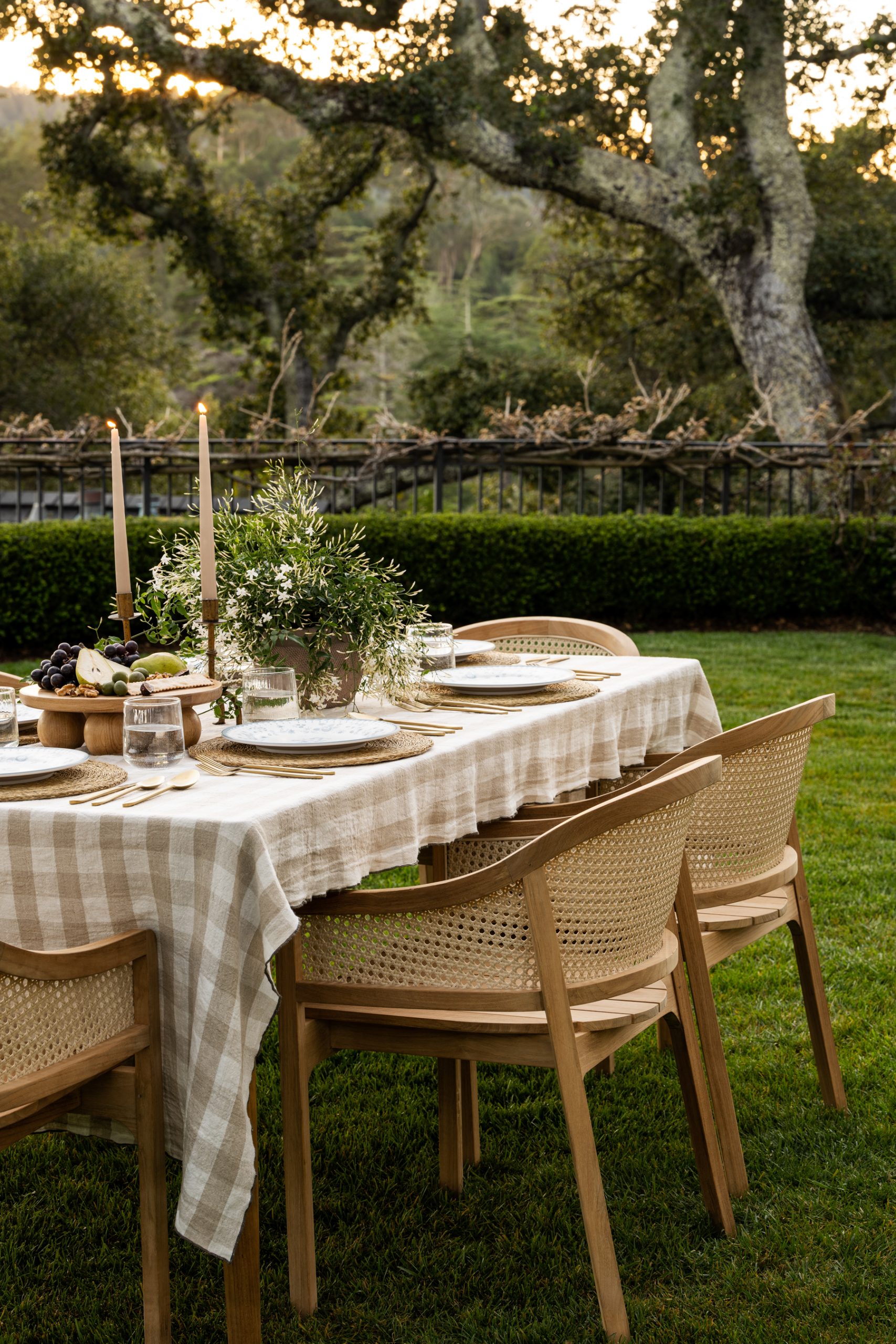outdoor tablescape with gingham tablecloth and melamine plates