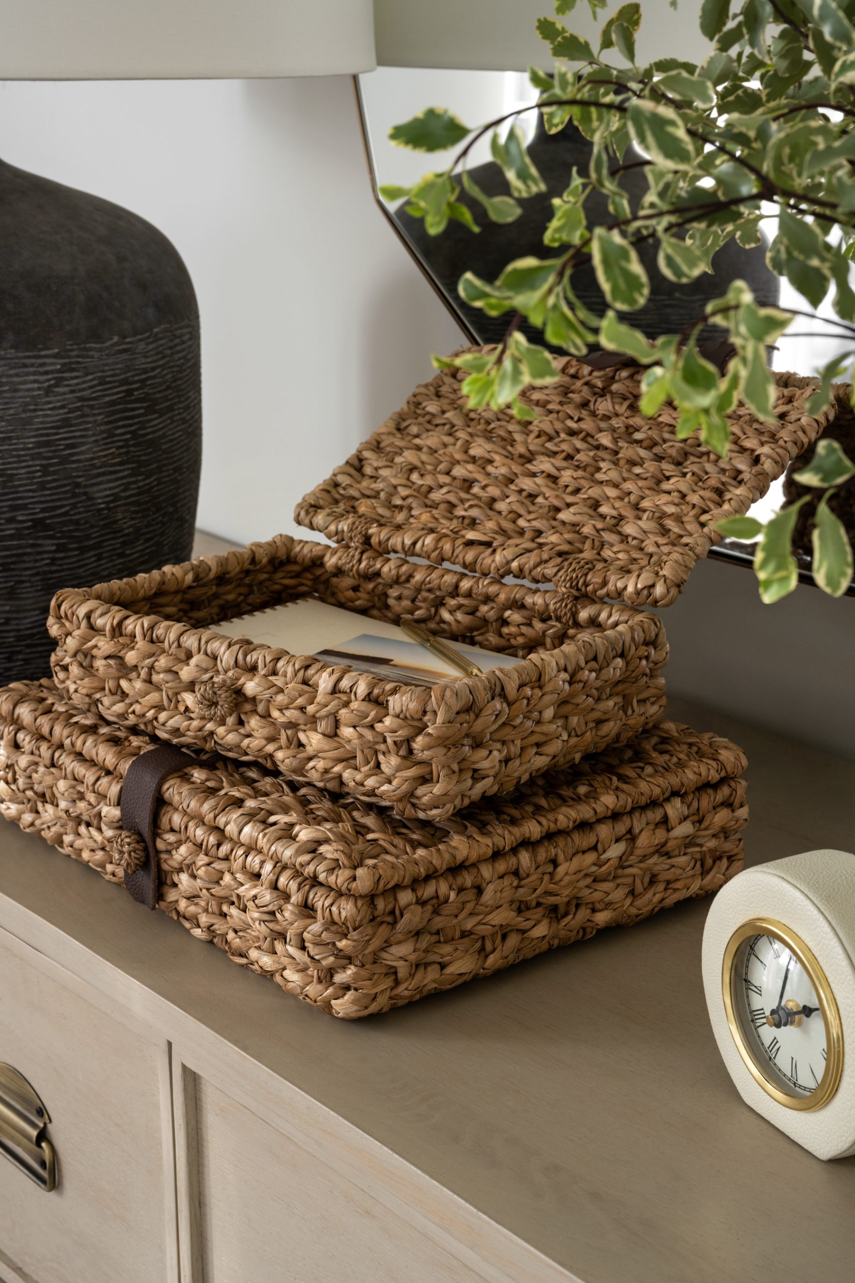 stacked rattan boxes