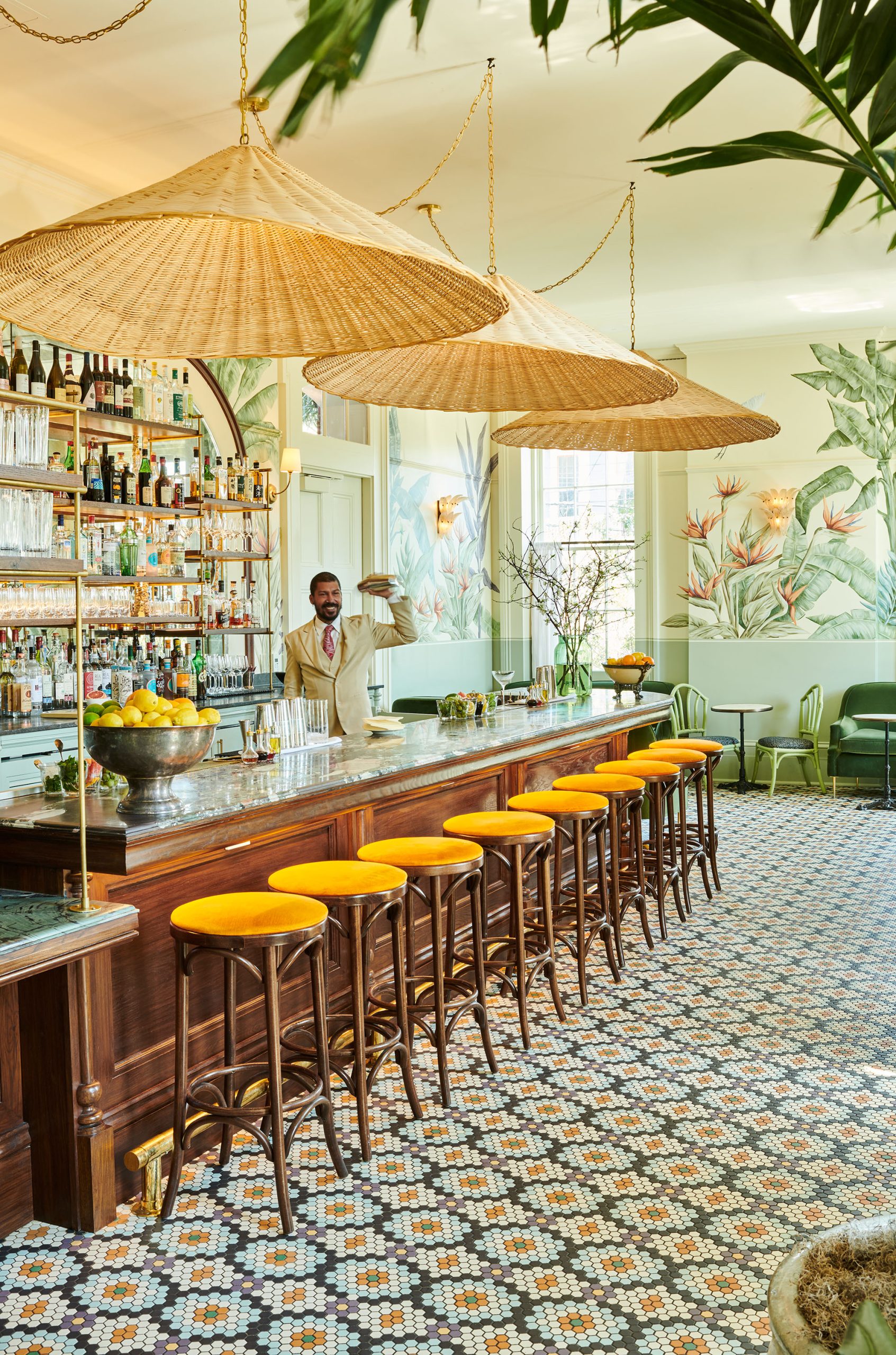 Hotel Saint Vincent Paradise Lounge yellow stools with mosaic tile