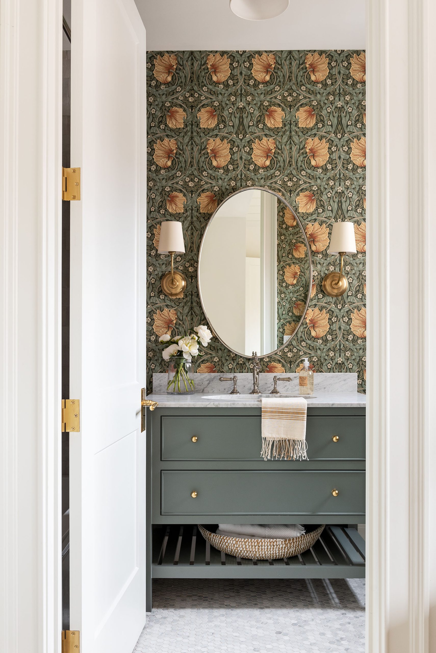morris & co green and peach floral wallpaper in bathroom