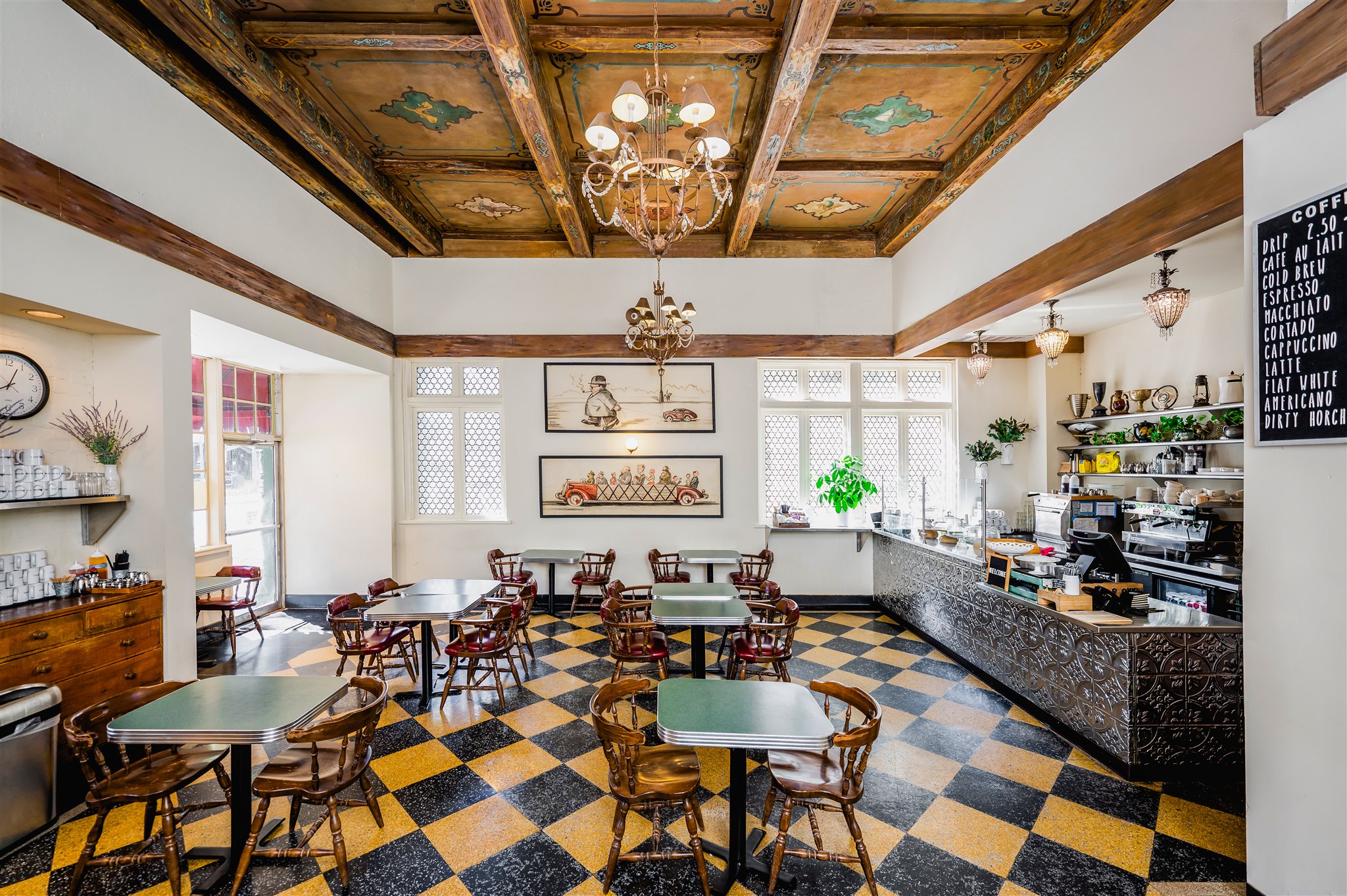 Pontchartrain Hotel restaurant with checkerboard tile