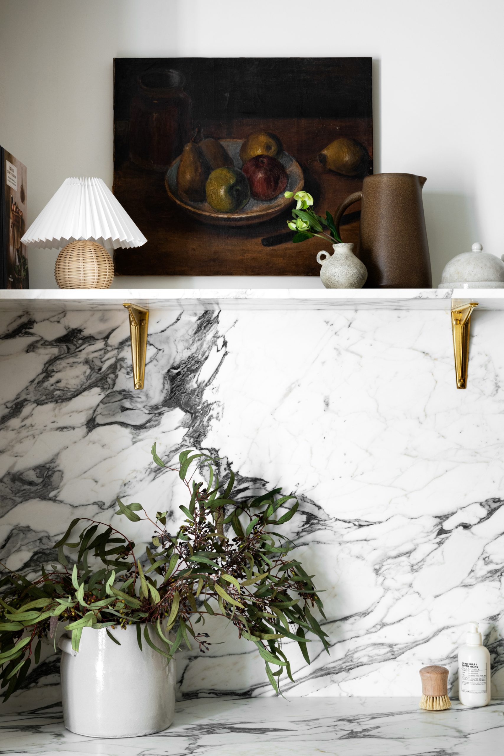 white marble countertop and backsplash