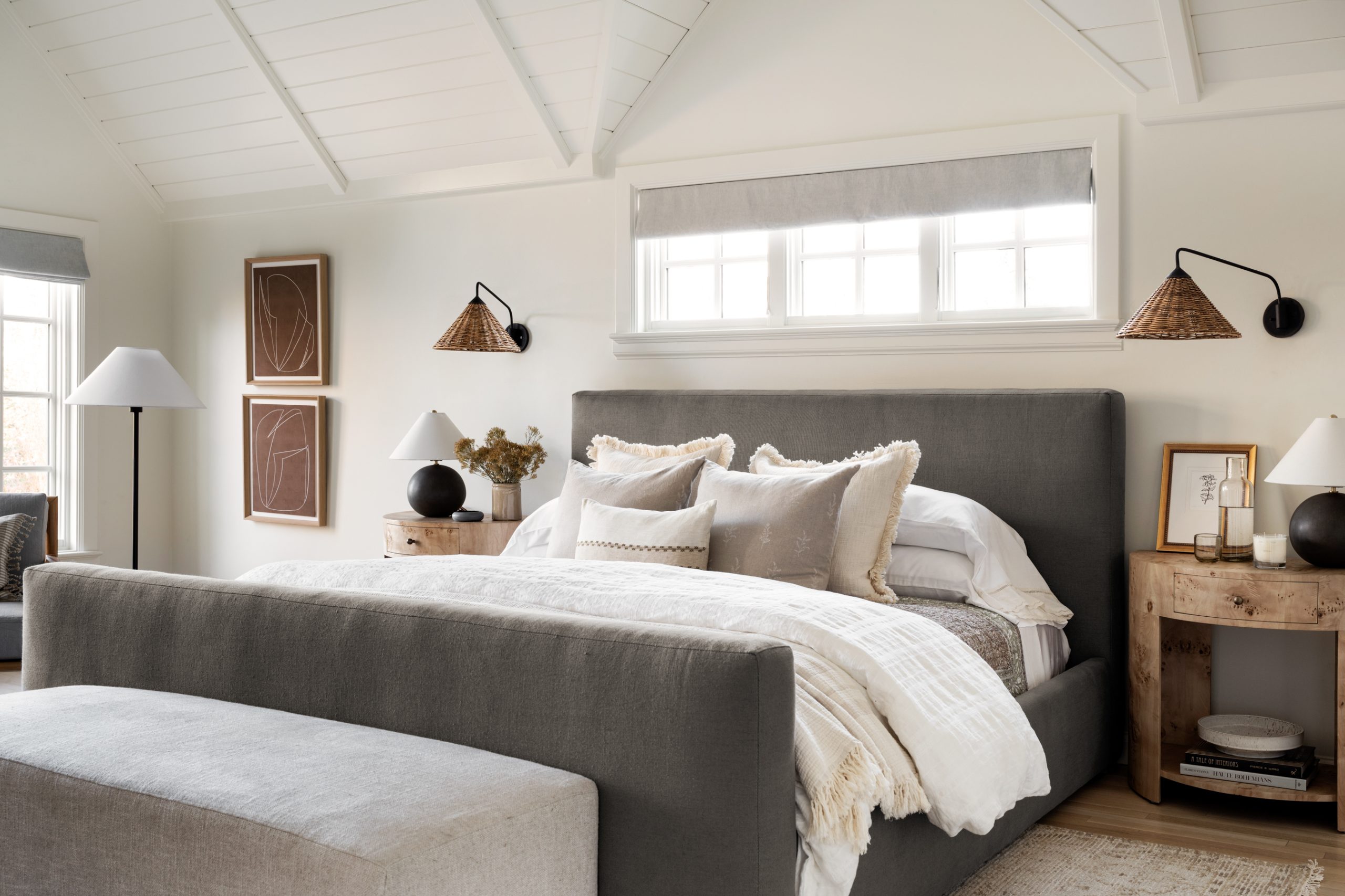 bedroom with burl wood nightstands