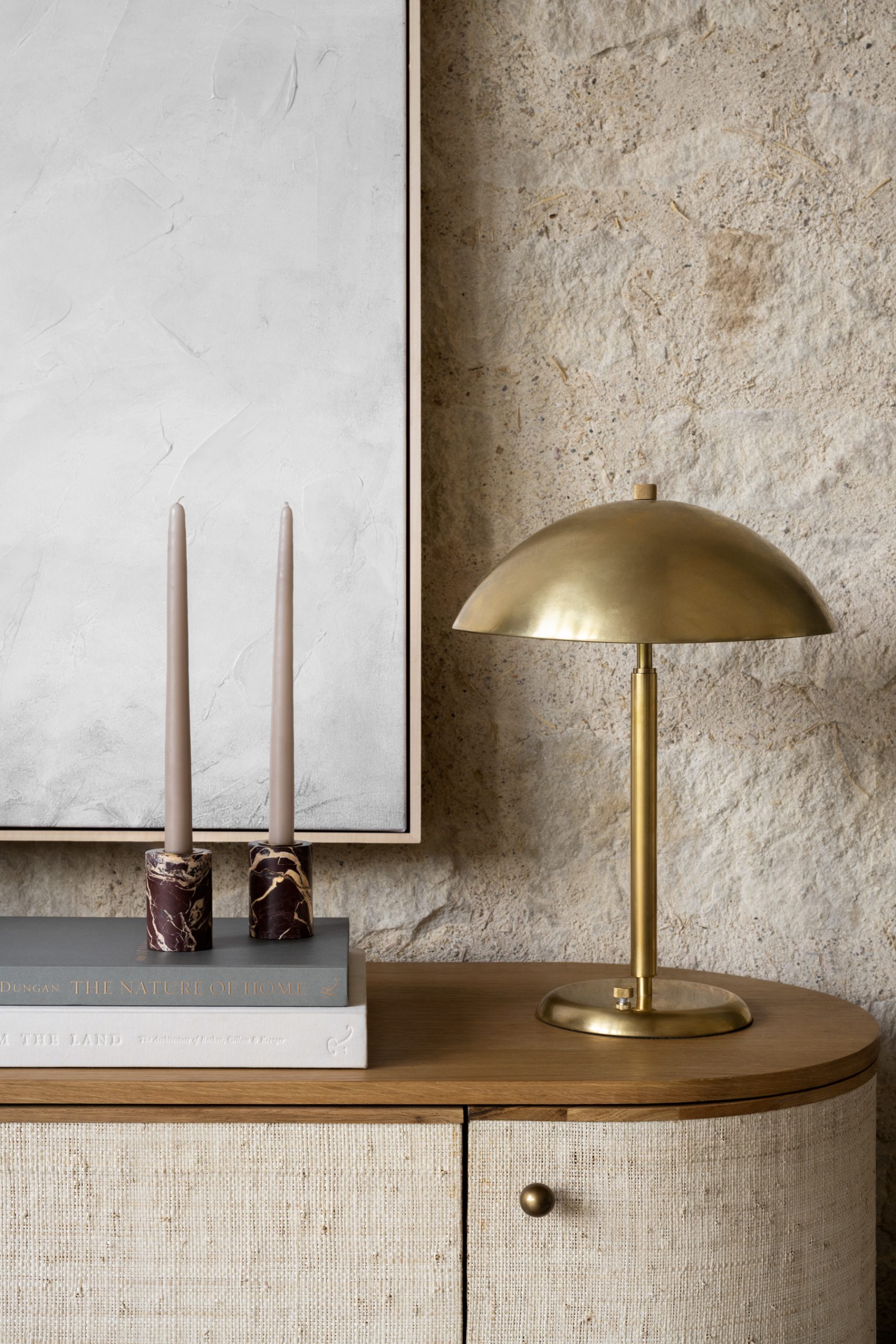 Marble candle holder styled on console table