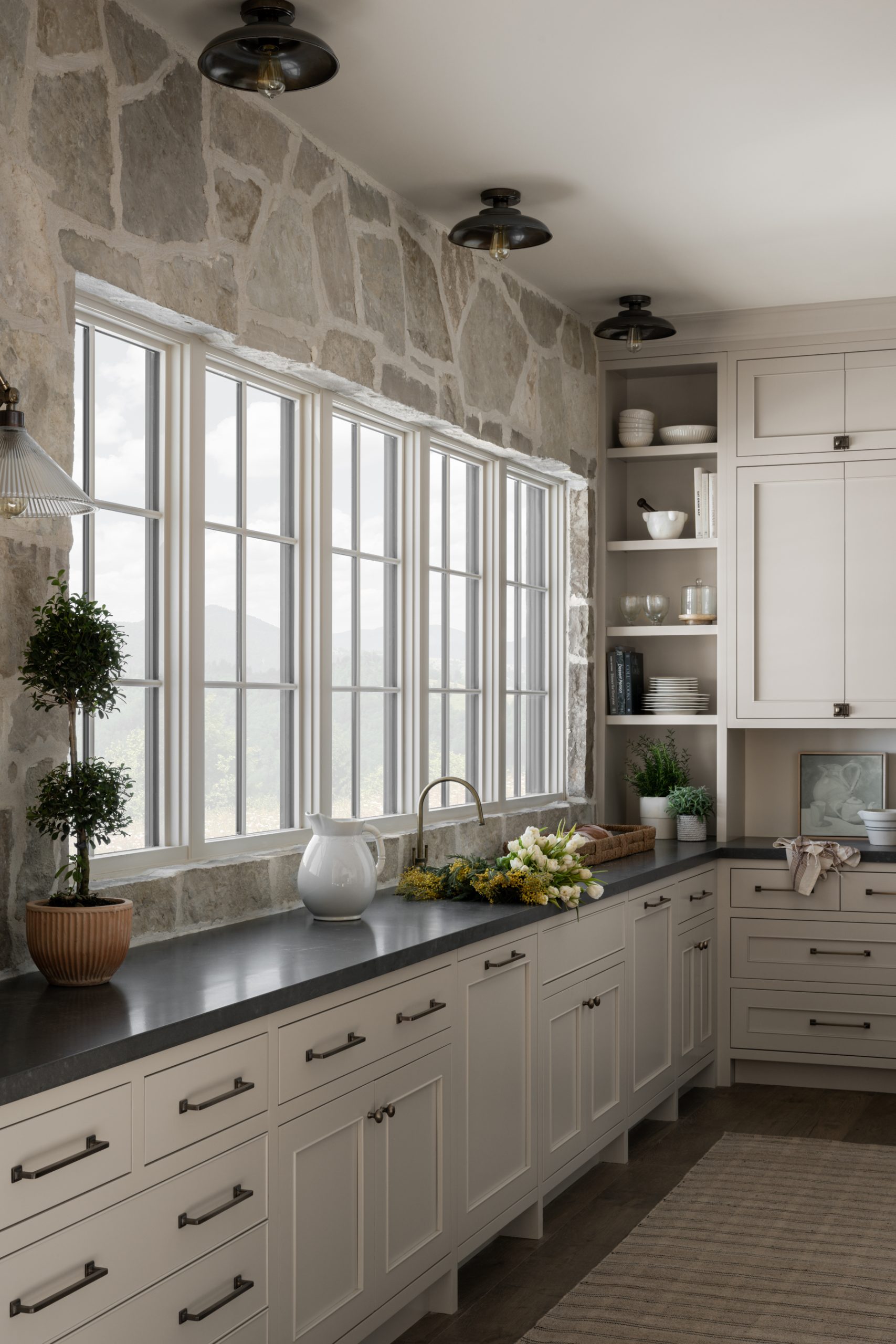 pantry with white cabinets and stone wall and dark countertops
