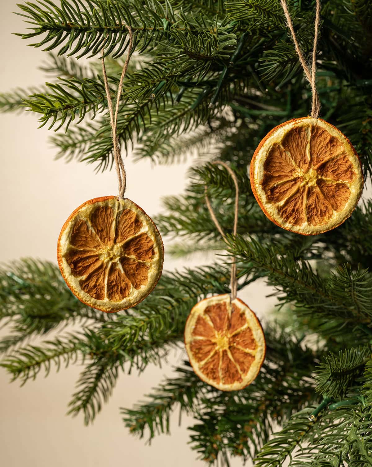Orange slices strung from Christmas tree pine branches, bringing a natural accent to rustic holiday tree from Studio McGee.