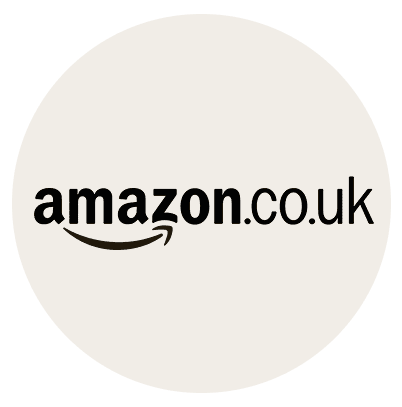 Amazon.co.uk logo with amazon in bold black letters, a curved arrow beneath forming a smile, and co.uk in plain black letters to the right, all on a light beige circular background, by McGee & Co.