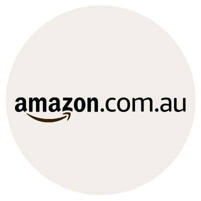 Amazon.com.au logo with the Amazon text in black, a brown curved arrow under the a and z, and .com.au in black letters, all on a light beige circular background, by McGee & Co.