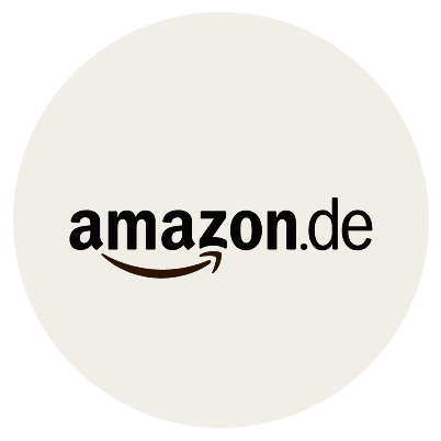 Amazon.de logo with the word amazon in black lowercase letters, an orange curved arrow beneath, and .de in smaller black letters, all on a light beige circular background, by McGee & Co.