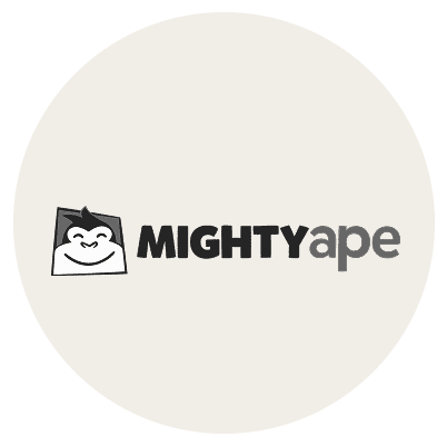 Mighty Ape logo featuring a smiling cartoon ape face inside a square, followed by the text MIGHTYape in bold black and gray letters on a light background, by McGee & Co.