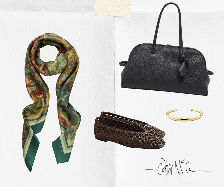 A silk floral scarf, a black textured handbag, woven brown flats, and a simple gold cuff bracelet are arranged on a white background with a faux tape accent and a handwritten-style signature at the bottom, by McGee & Co.
