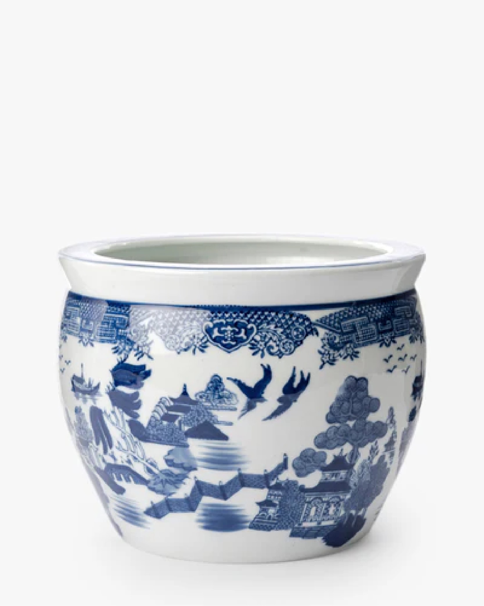 A round white ceramic planter with blue traditional Chinese-style artwork, featuring birds, trees, water, and pagodas in a scenic landscape design, by McGee & Co.
