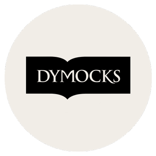 The Dymocks logo, featuring the word DYMOCKS in white uppercase letters inside a black book-shaped design on a light beige circular background, by McGee & Co.
