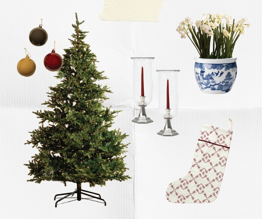 A collage featuring a decorated Christmas tree, three ornaments, two red candles in glass holders, a blue and white flower pot with white flowers, and a white stocking with a red pattern, by McGee & Co.