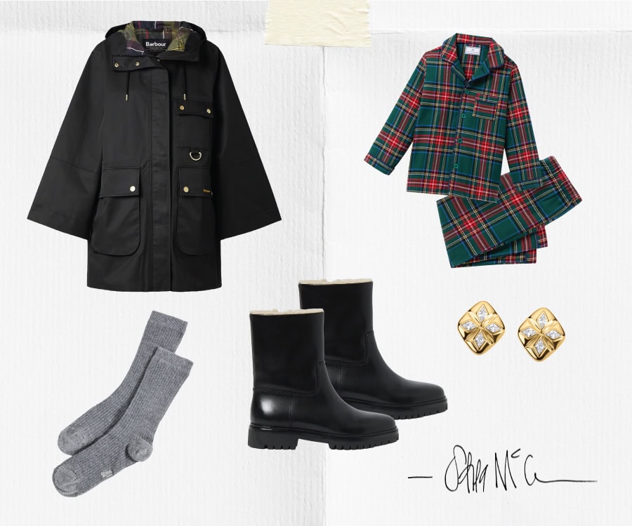 A collage featuring a black hooded coat, green and red plaid pajamas, gray knit socks, black shearling-lined boots, gold stud earrings, and a handwritten signature over a textured white background, by McGee & Co.